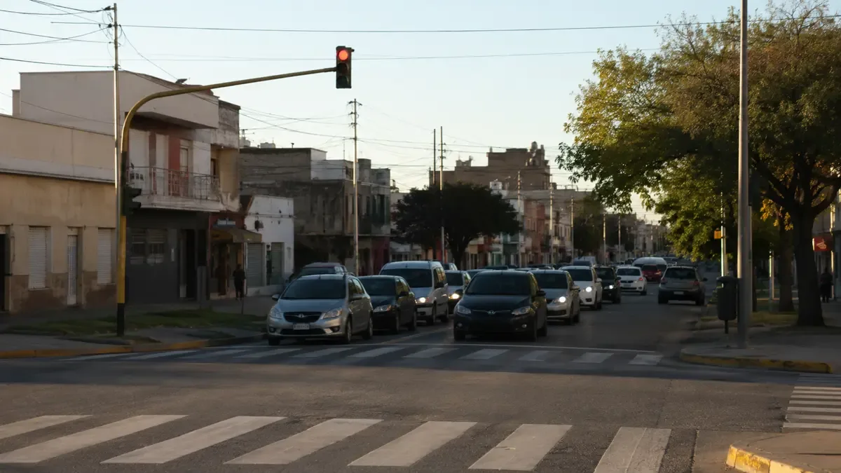 Cruce de calles con semáforo en rojo y tránsito detenido.