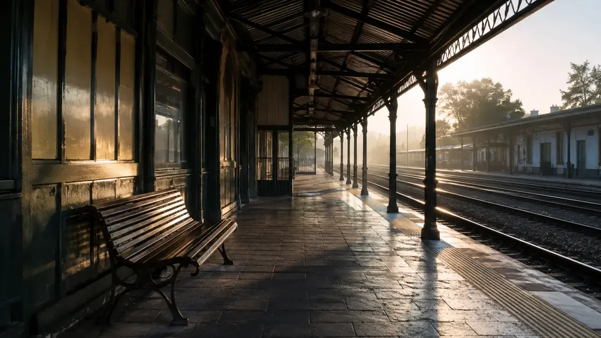 Andén vacío de una estación de tren suburbana con vías y techo metálico