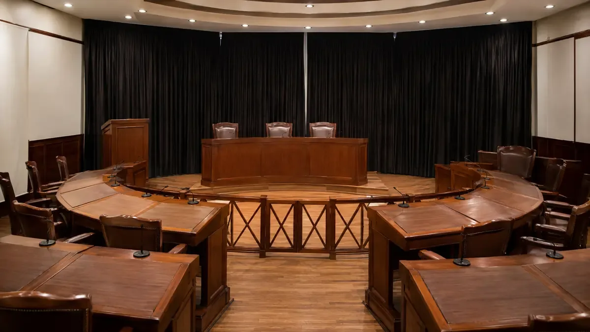 Recinto vacío de un concejo deliberante con bancas en semicírculo.