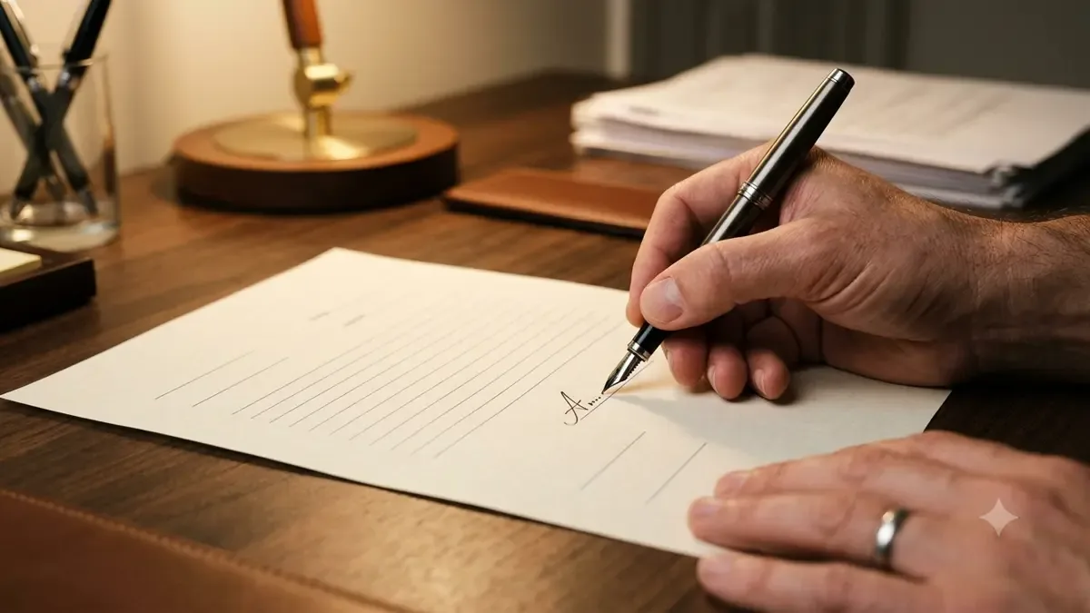 Mano firmando un documento con lapicera sobre un escritorio