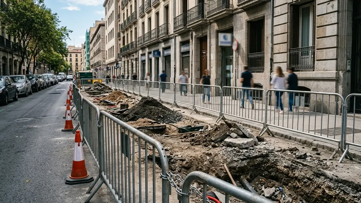 Tramo de calle levantado con vallas metálicas, conos y tierra