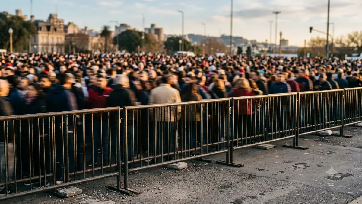 Hilera de vallas metálicas delante de una multitud desenfocada