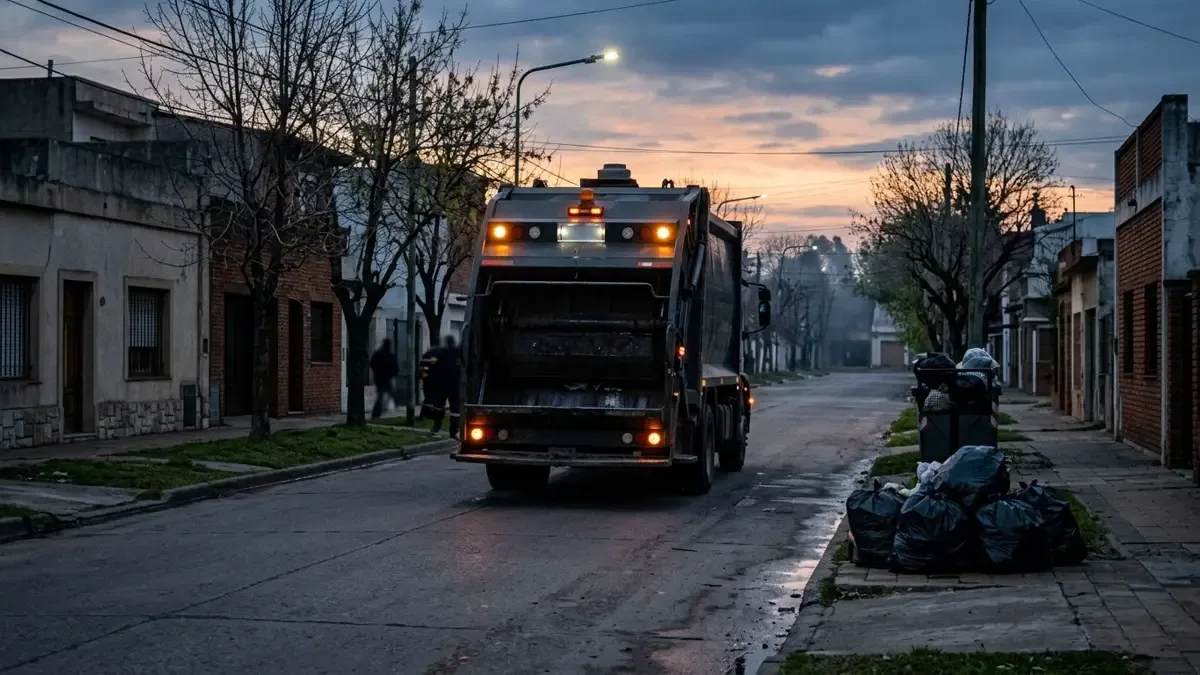 Camión recolector de residuos circulando por una calle de barrio