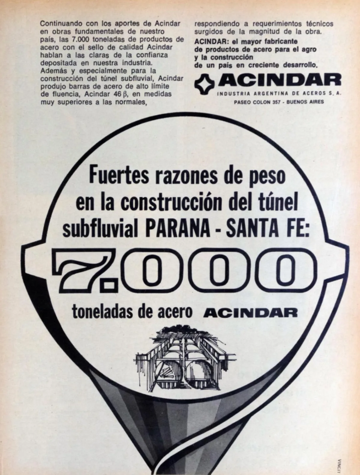 Publicidad histórica de Acindar por el túnel subfluvial Santa Fe-Paraná (Revista Boom, 1969)