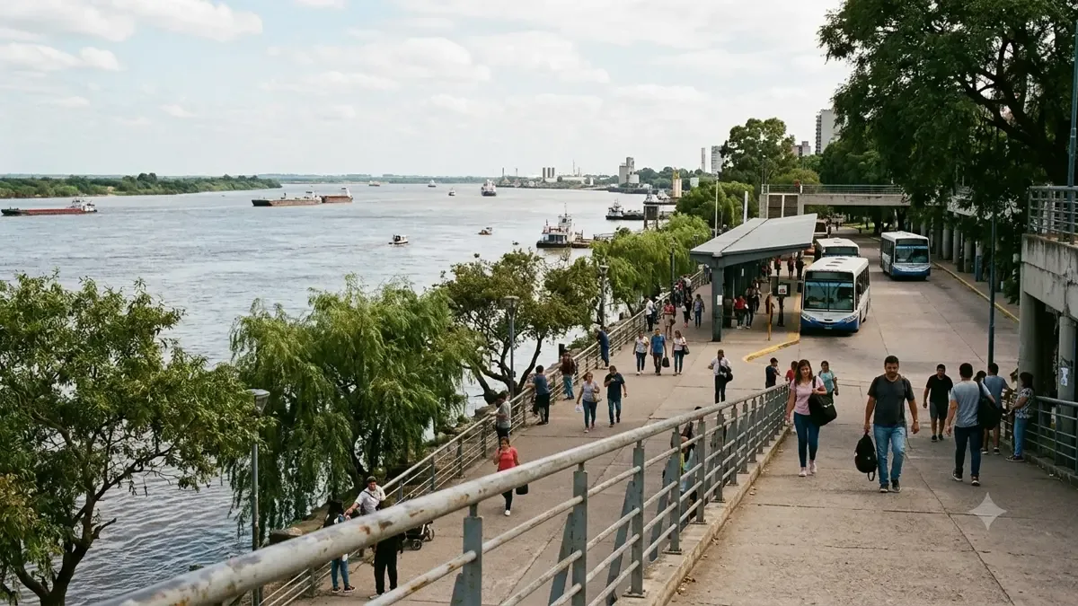 La ribera de un gran río con barandas y arbolado en una terminal de transporte regional, plano medio documental, perspectiva natural