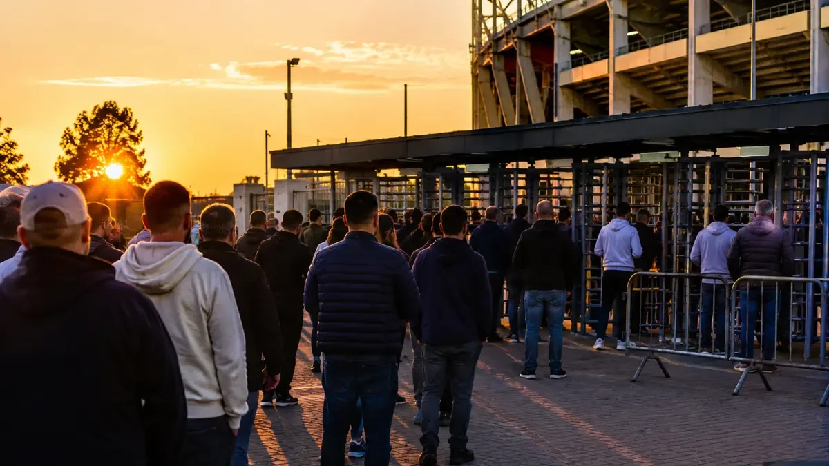 Hilera de personas de espaldas frente a los molinetes de un estadio